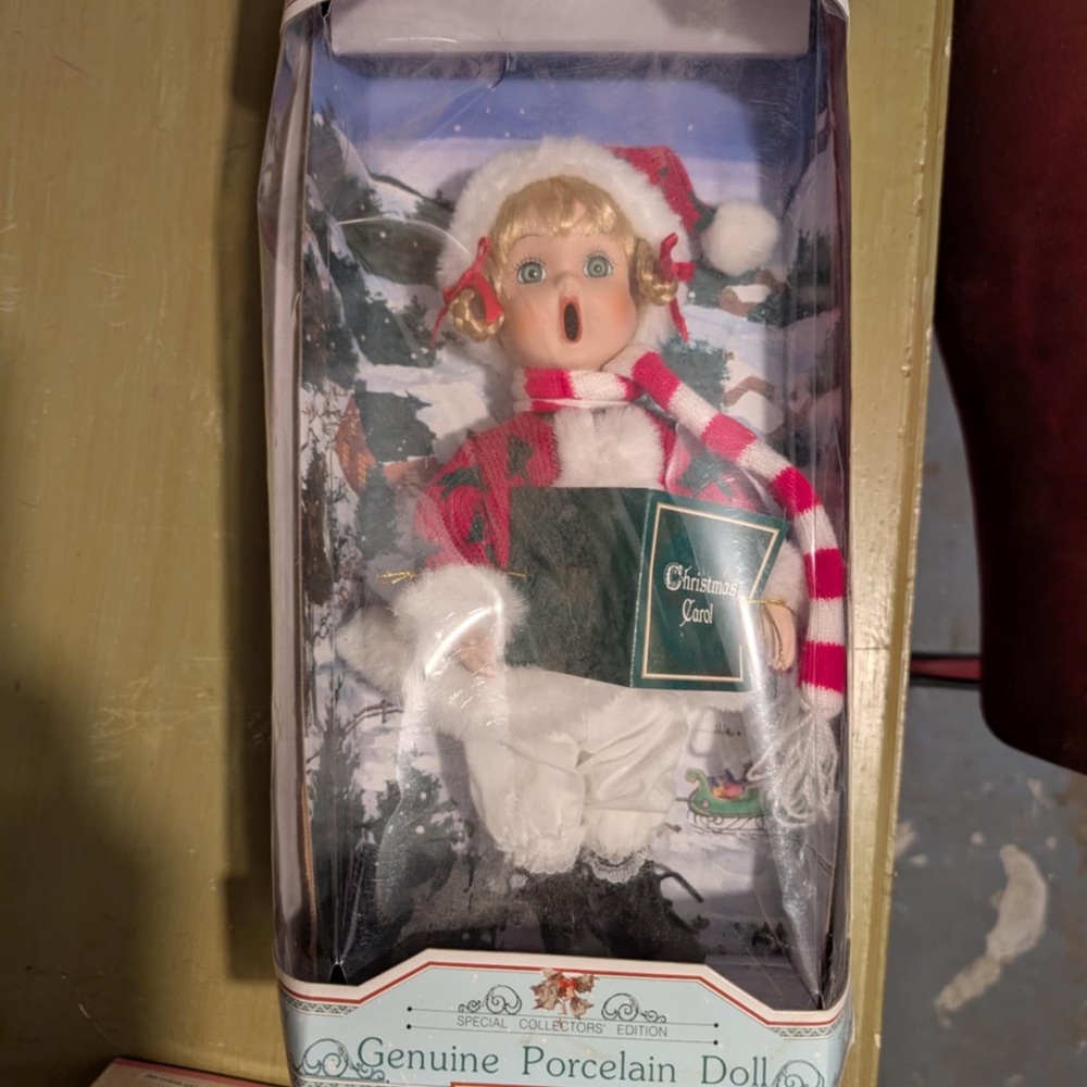 Vtg Holiday Porcelain Doll with Red and White Scarf